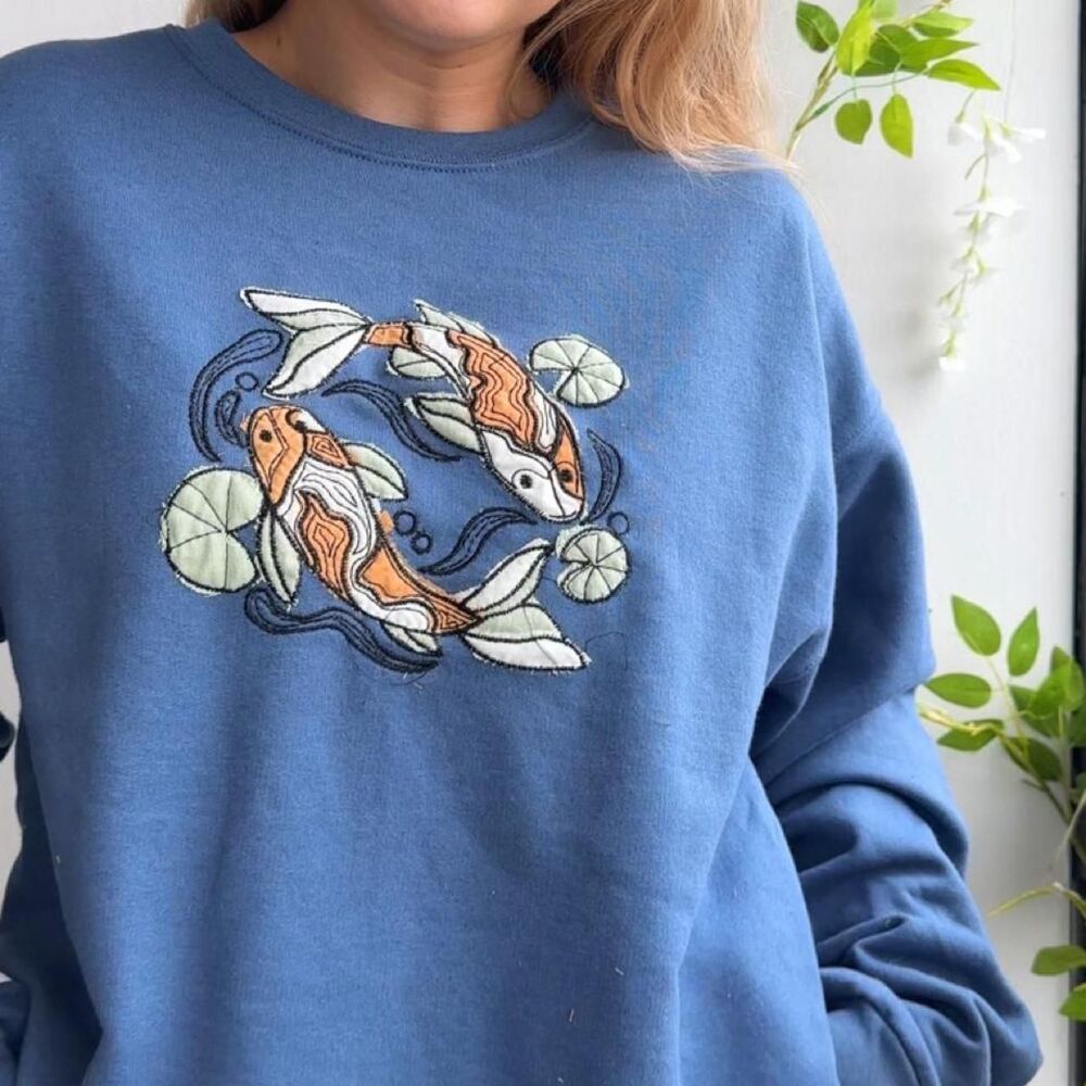 NWT koi fish lily pad patchwork embroidered denim blue crewneck sweatshirt